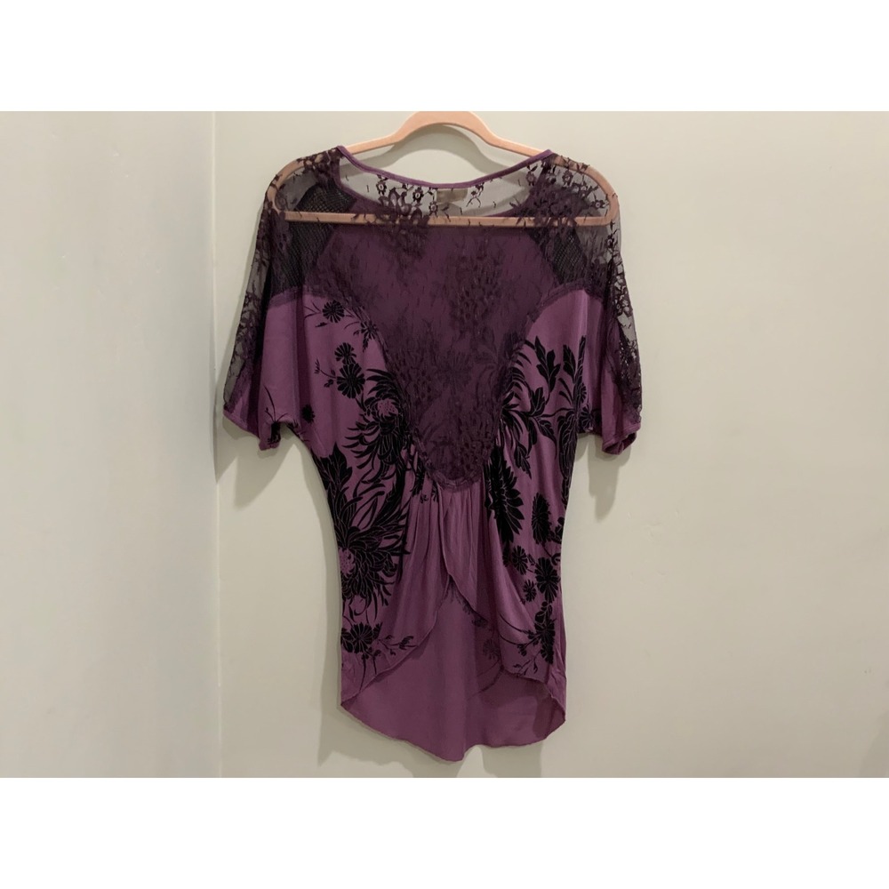 Free People Vintage Purple Lace Raglan Sleeve  Top Boho Mesh Back Graphic XS